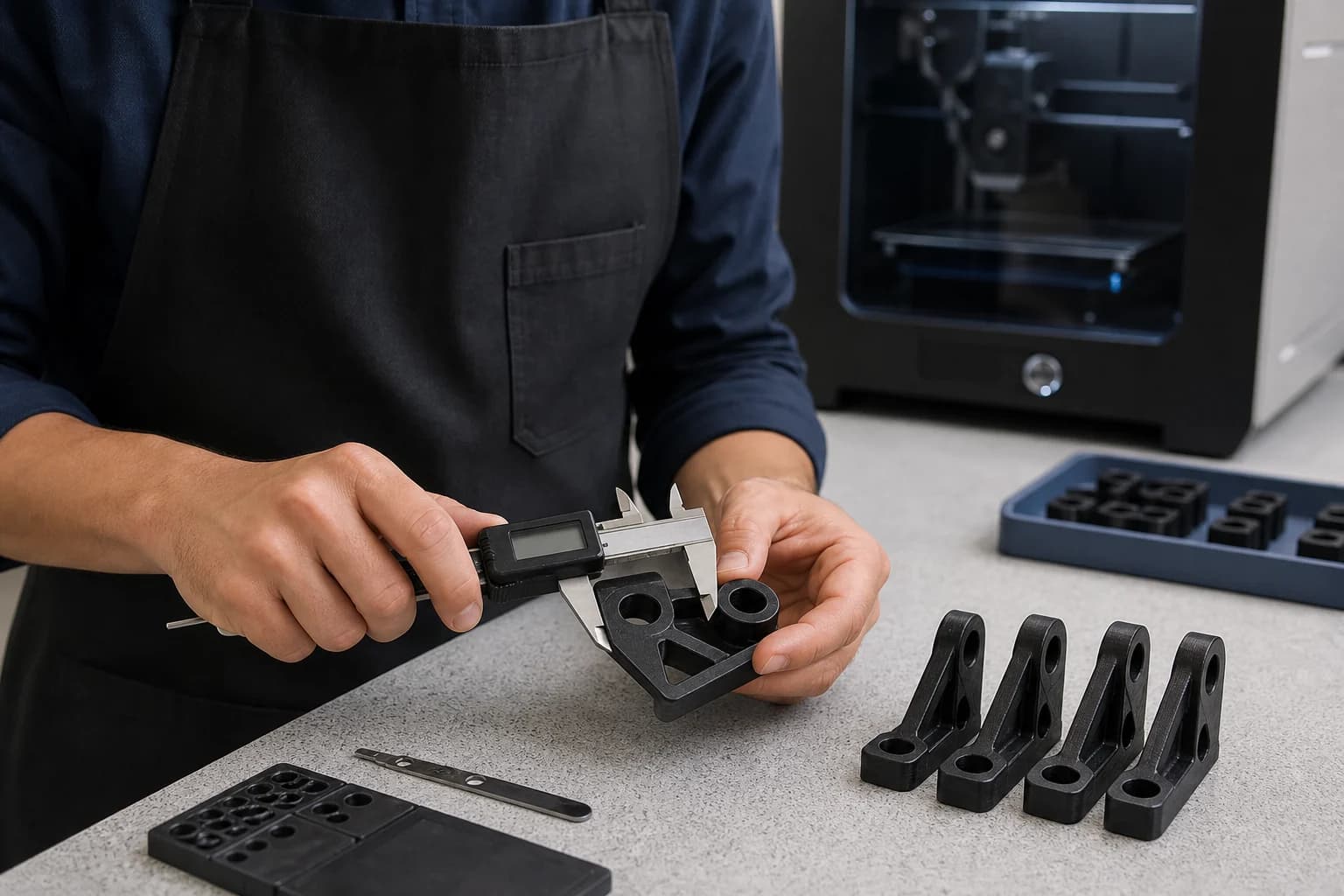 Operator checking a printed engineering bracket with digital calipers