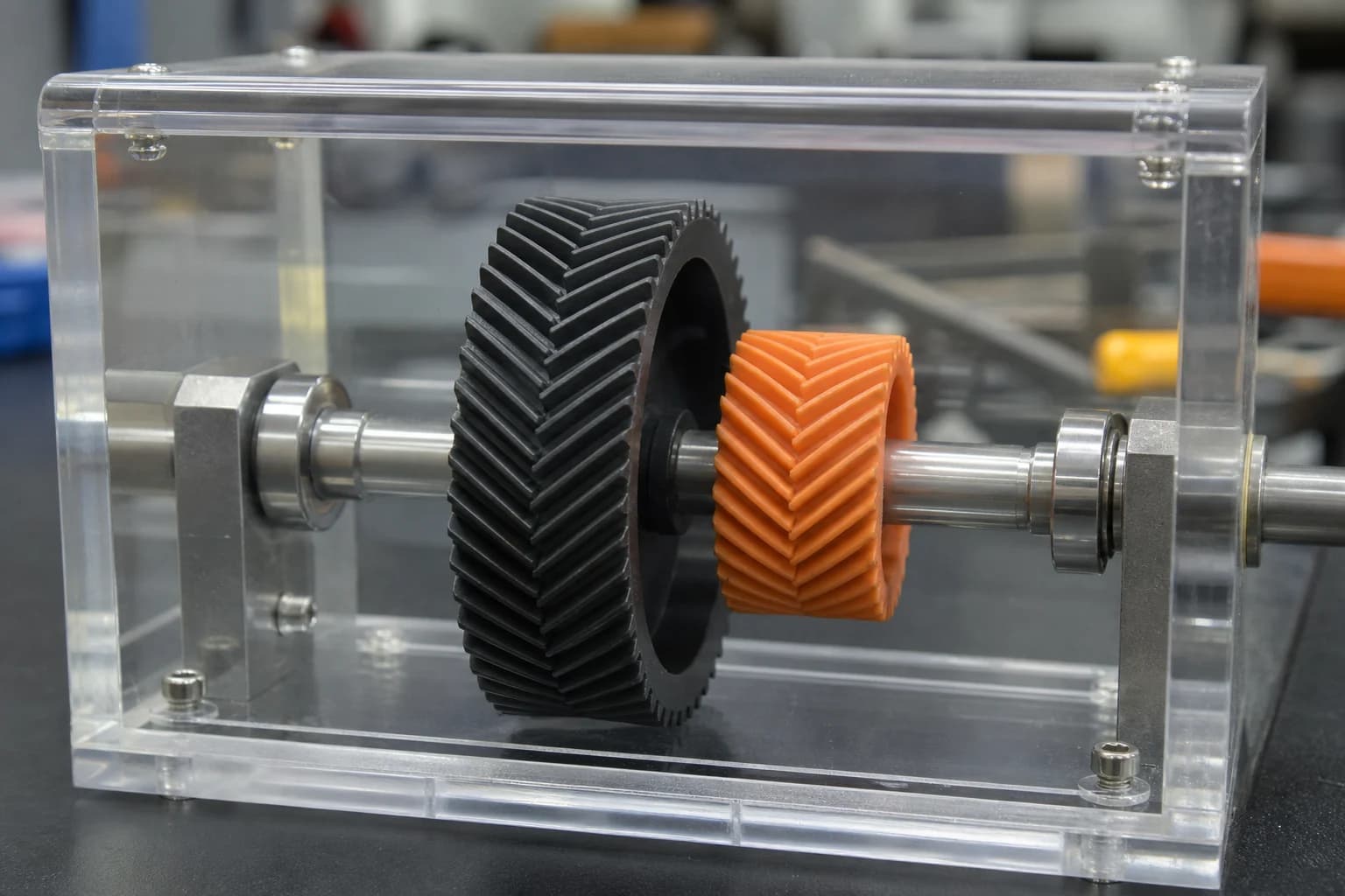 Herringbone gears installed in a transparent low-speed demonstration gearbox