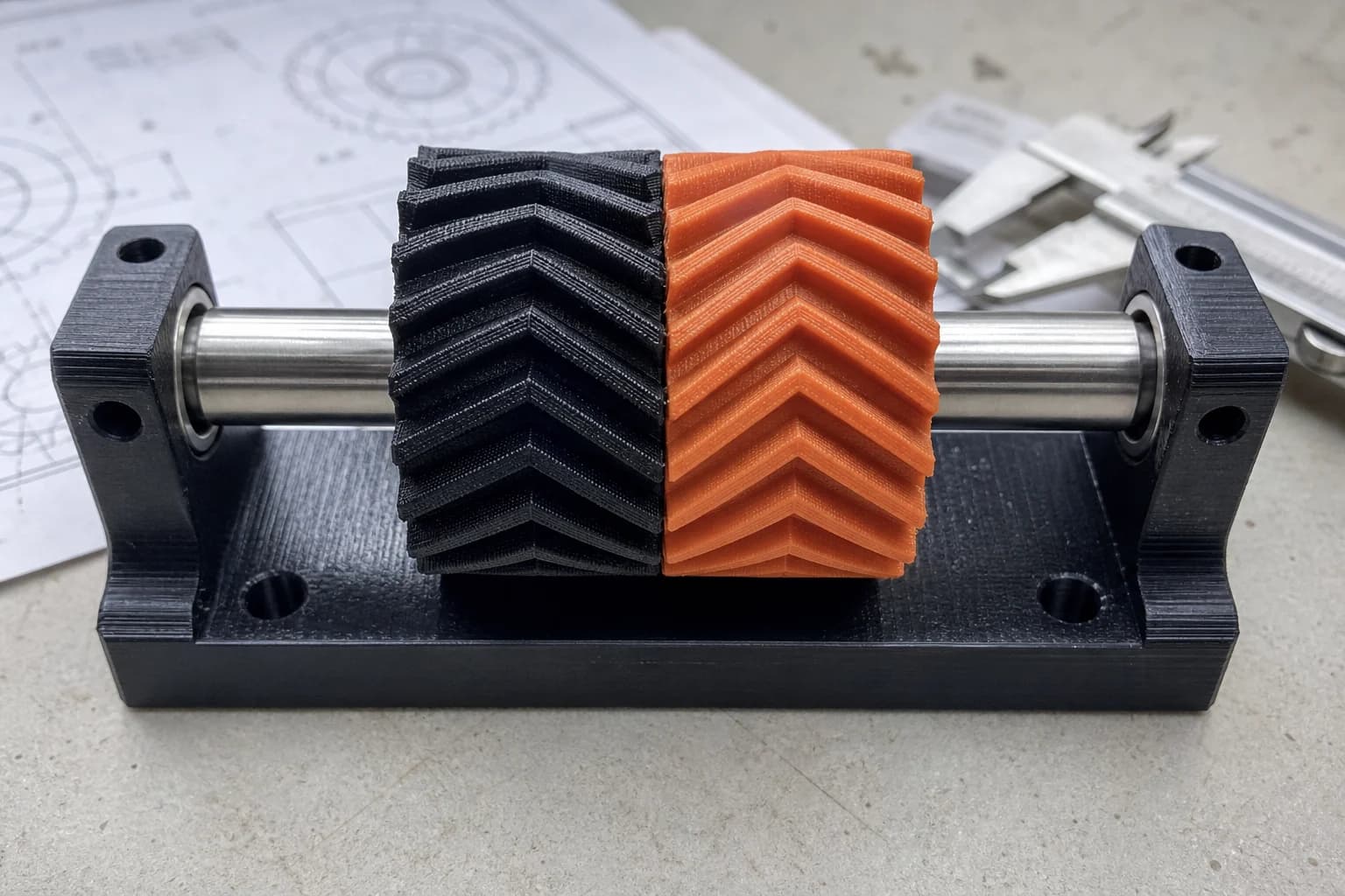 Two printed herringbone gears shown side by side on a shaft jig