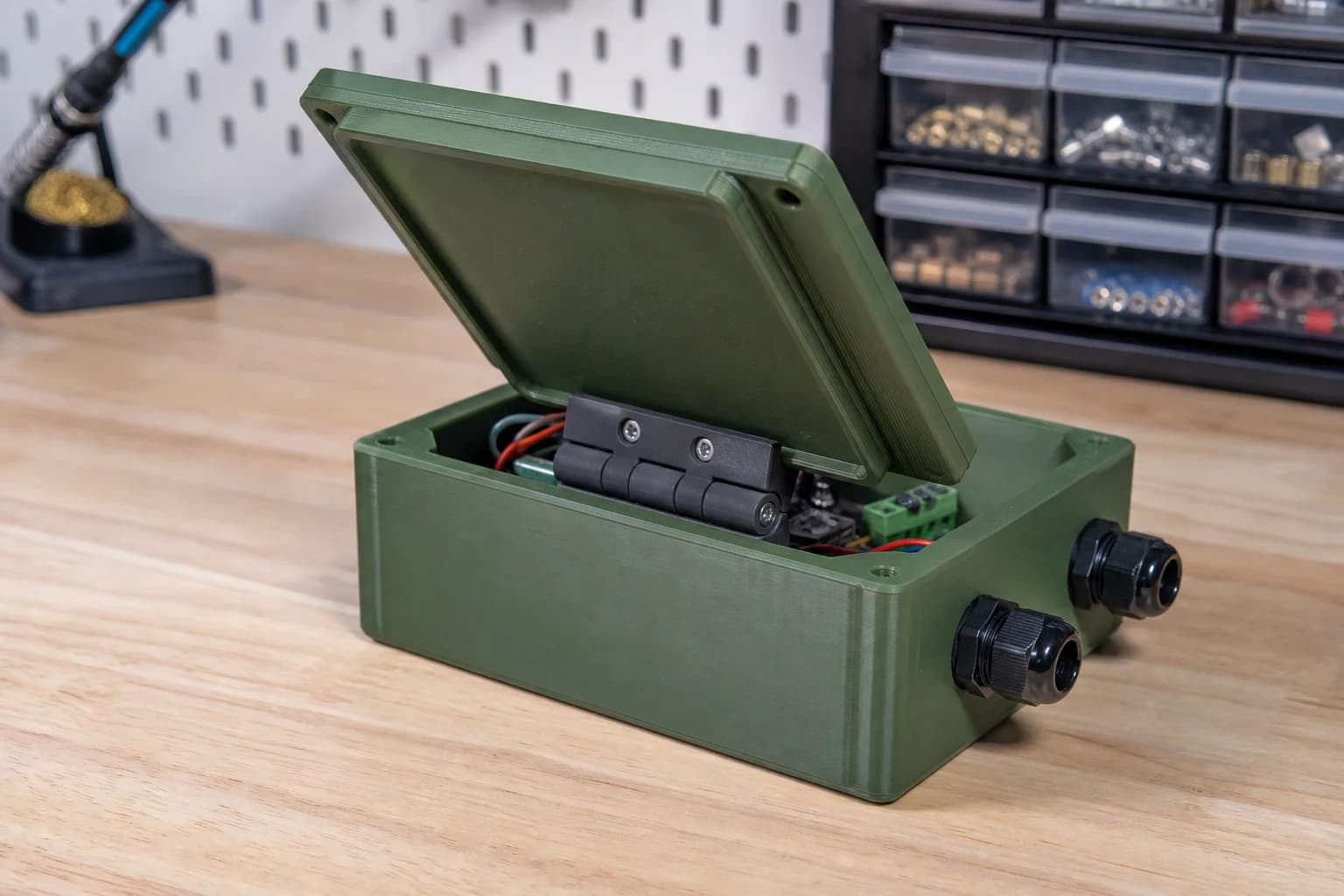 Printed hinge fitted to a small green electronics enclosure