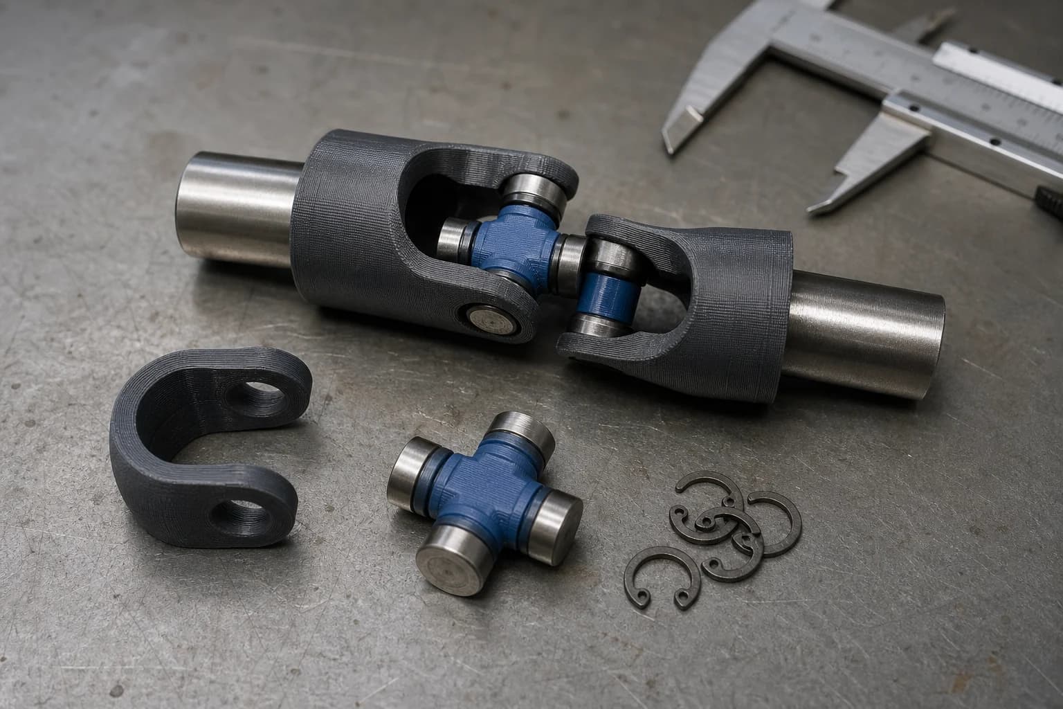 Three-part printed universal joint kit shown partly assembled