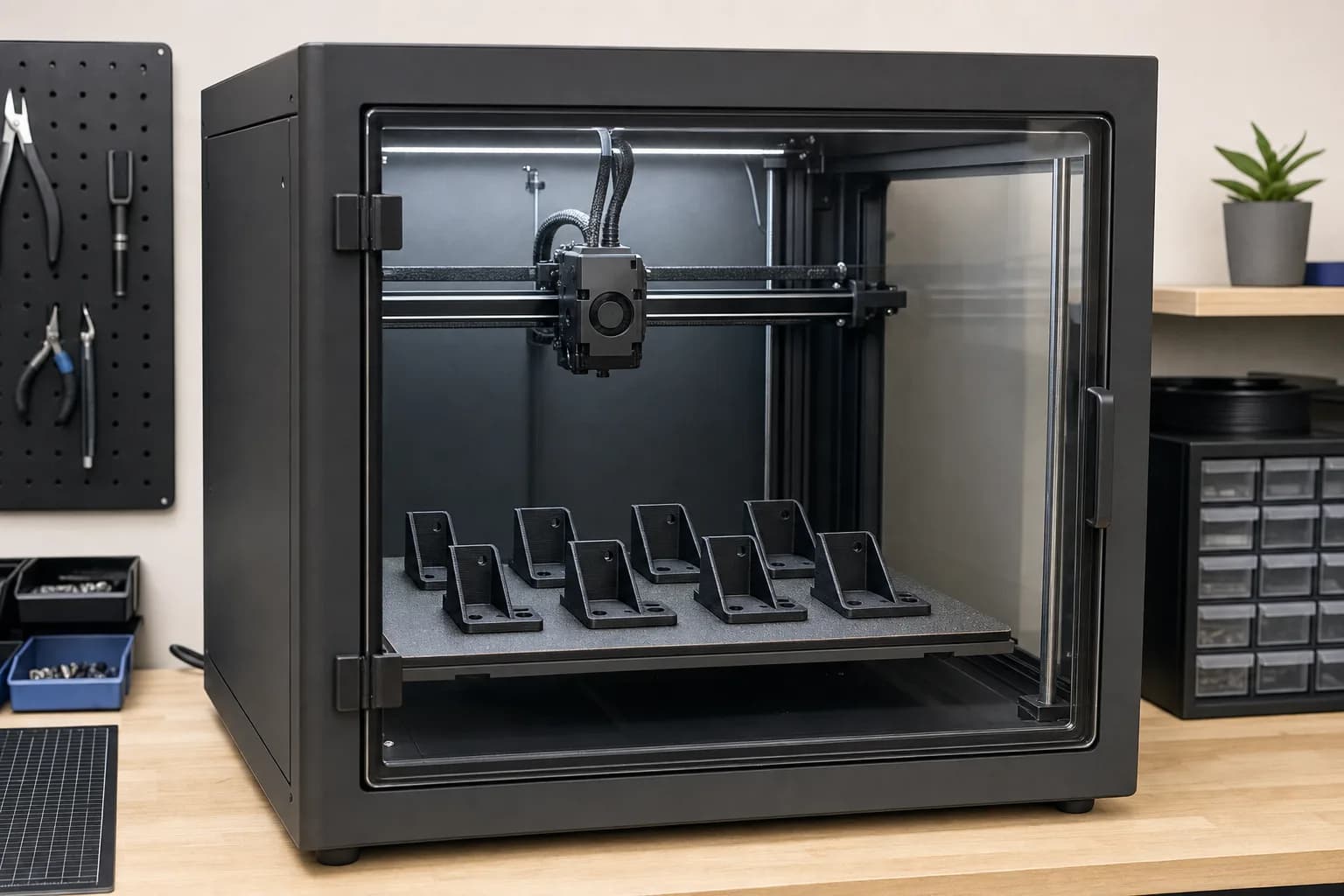 Enclosed Bambu Lab class FDM printer producing a bracket batch