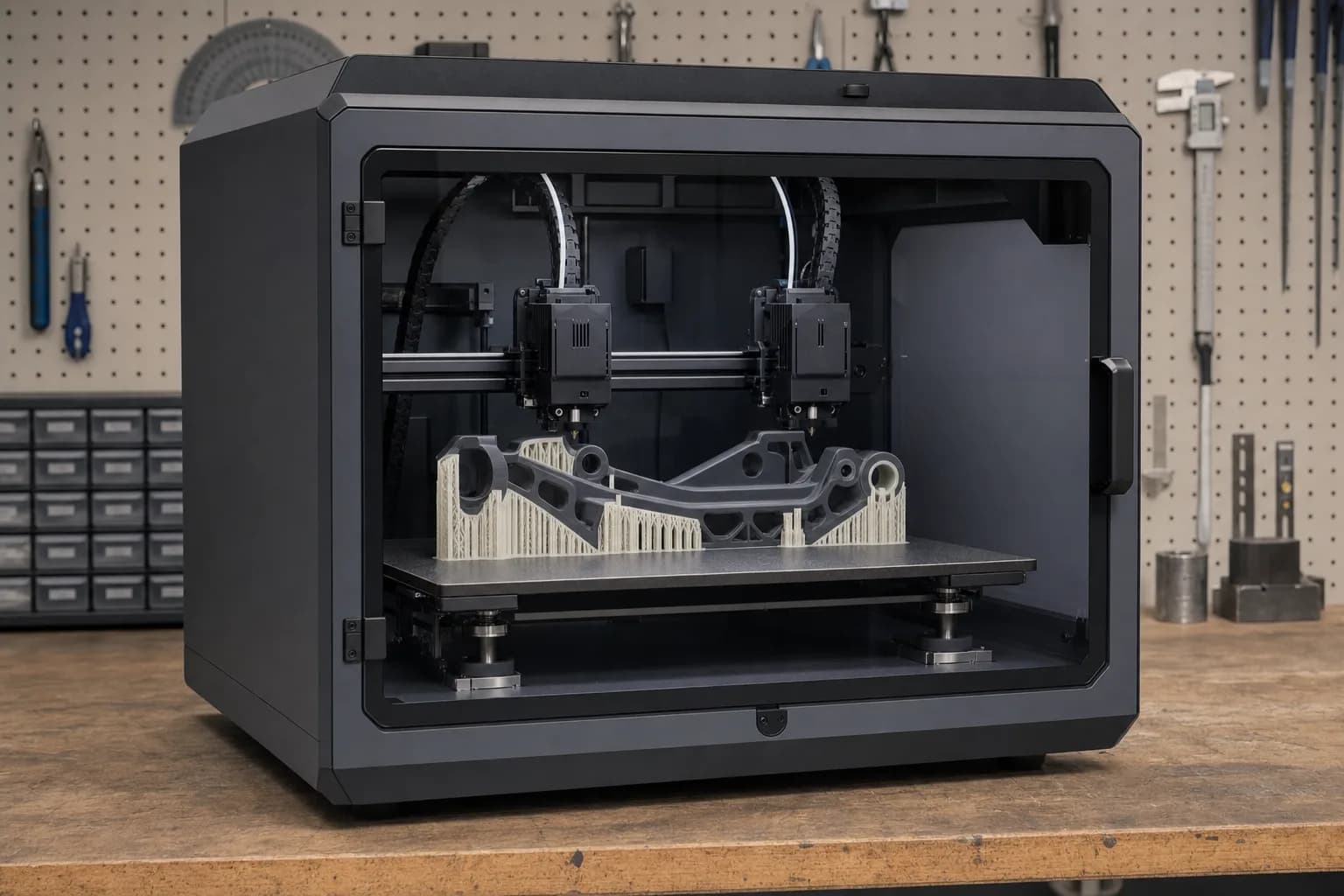 Large enclosed dual-nozzle FDM printer in a compact workspace