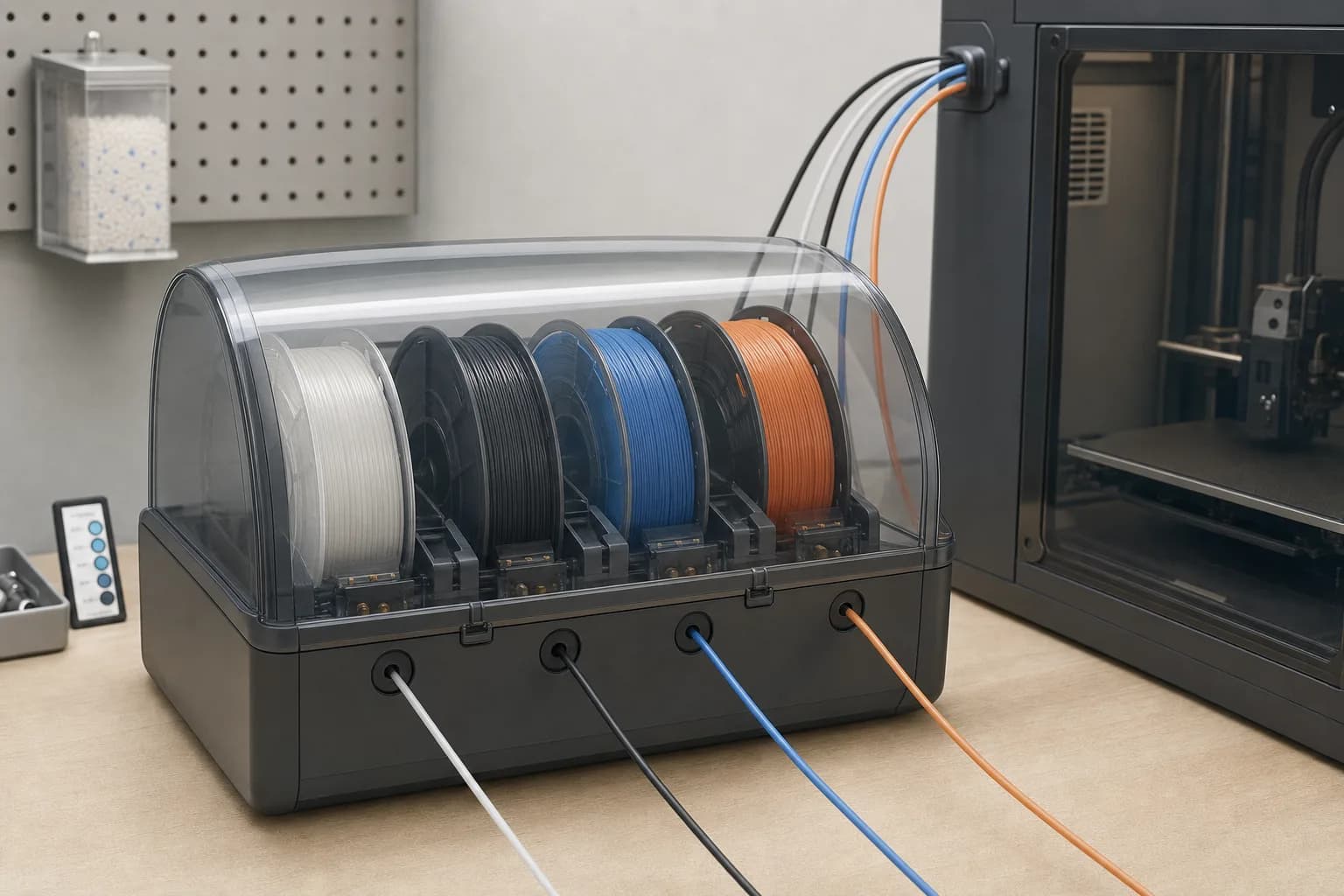 Sealed four-spool automatic material system beside an FDM printer