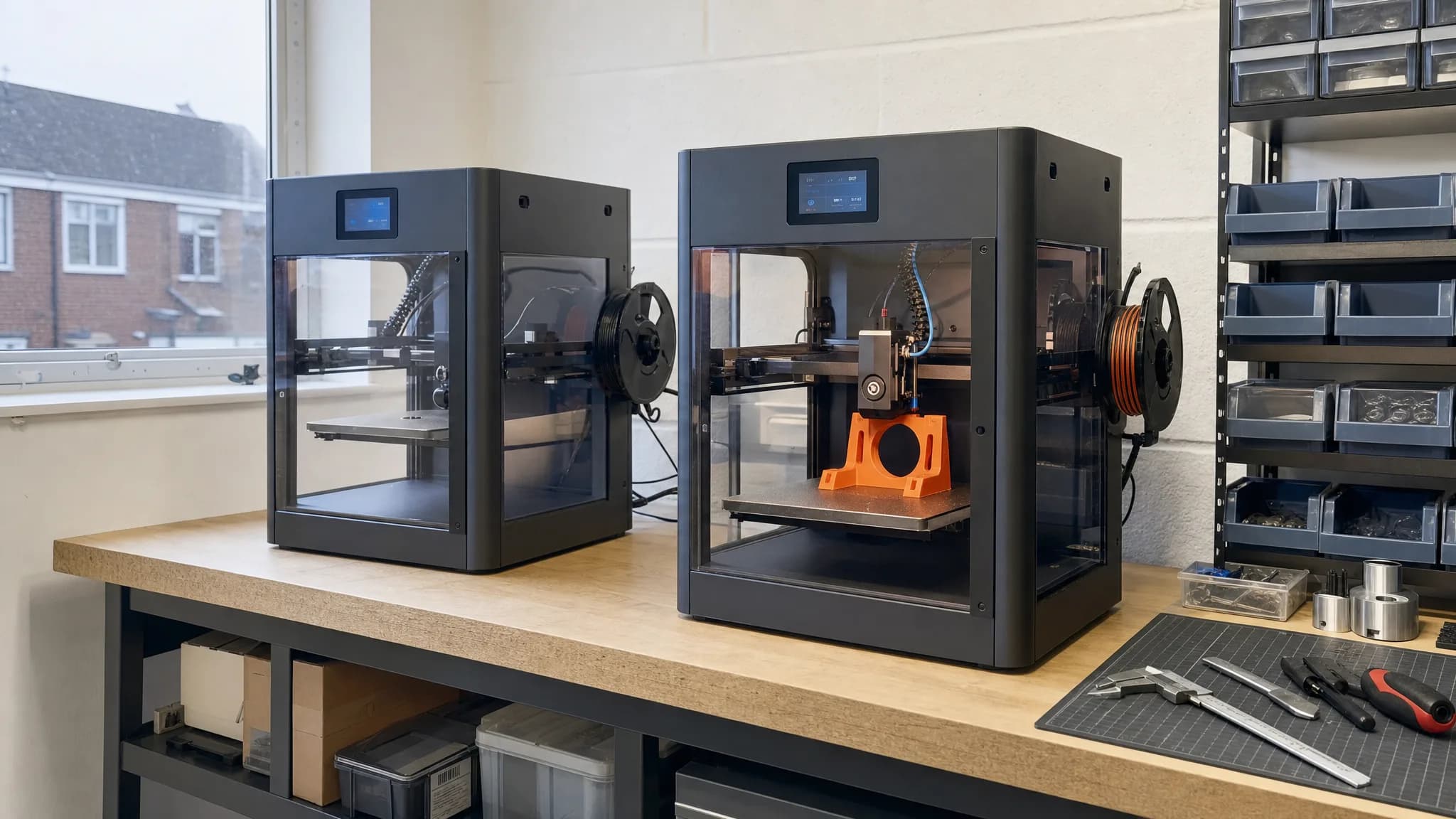 Orderly compact workspace with enclosed FDM printers