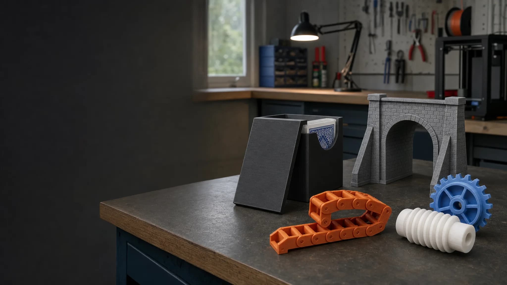 Deck box, cable carrier, tunnel portal and drive components on a workshop bench