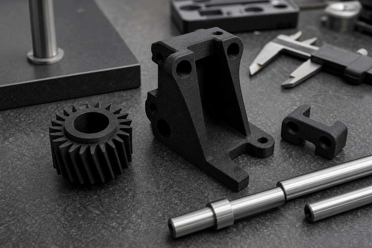 Carbon-fibre nylon gear and engineering bracket on a precision bench