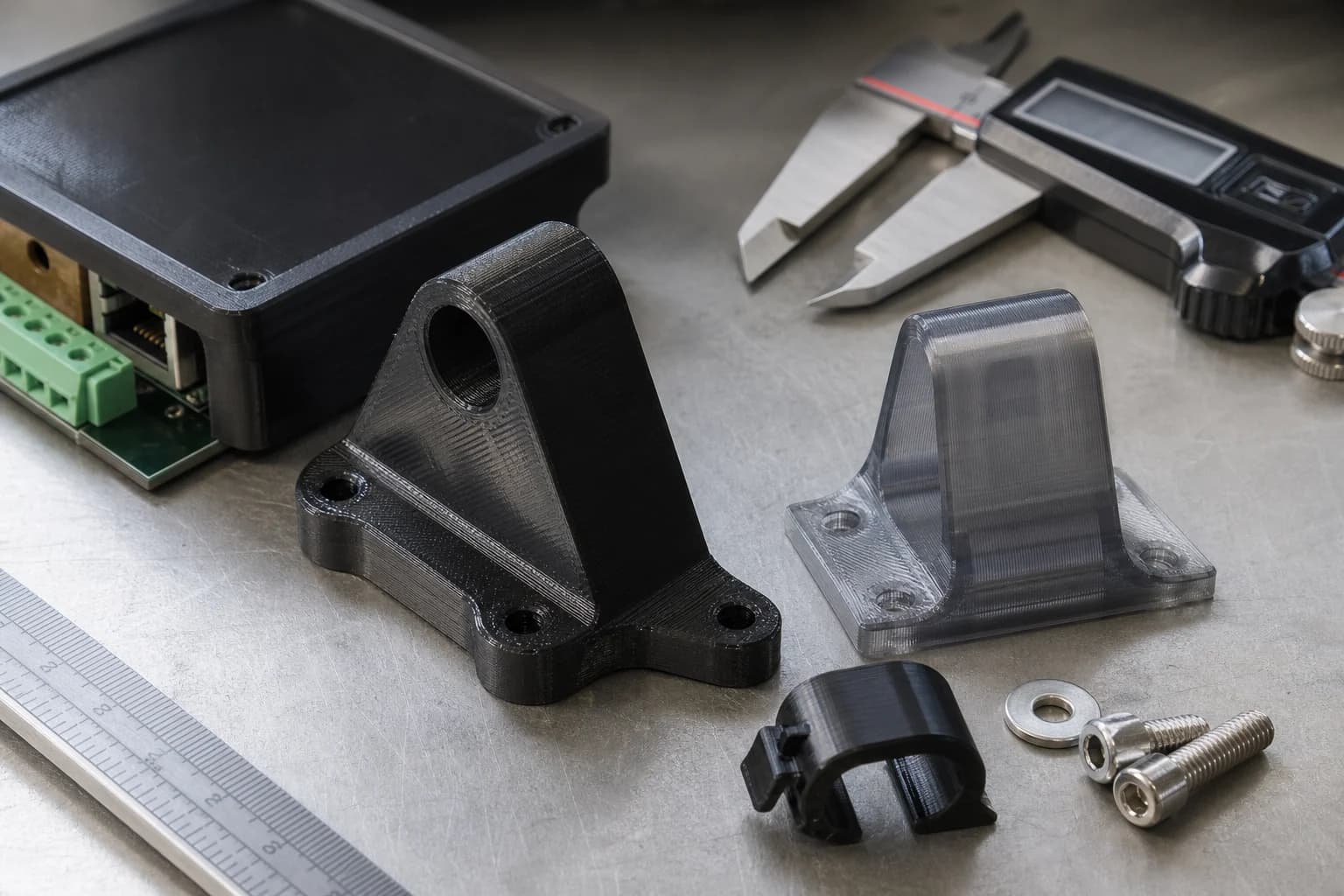 PETG brackets, clips and an electronics enclosure on a workbench