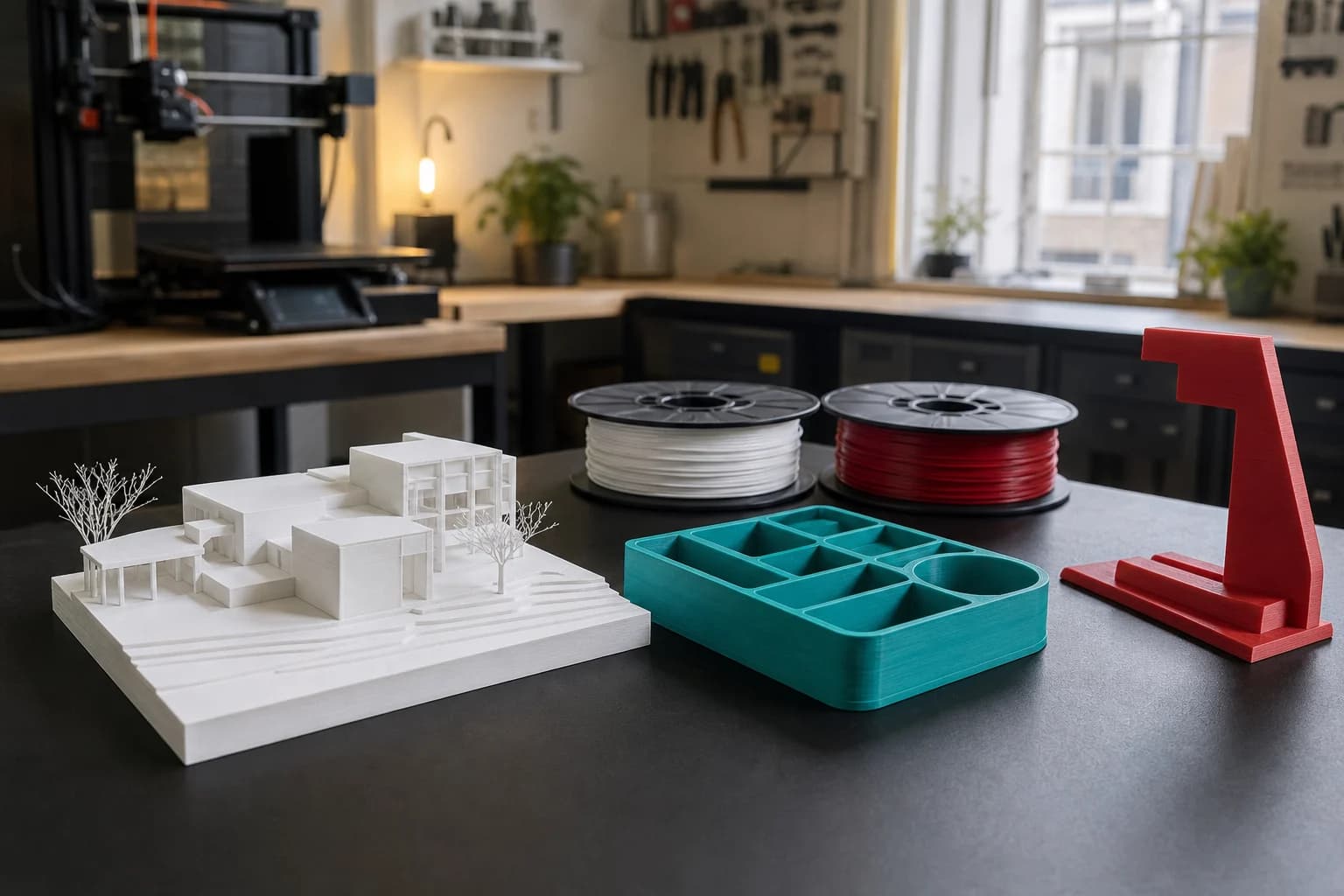 Crisp PLA prototypes and organisers on a 3D printing workbench