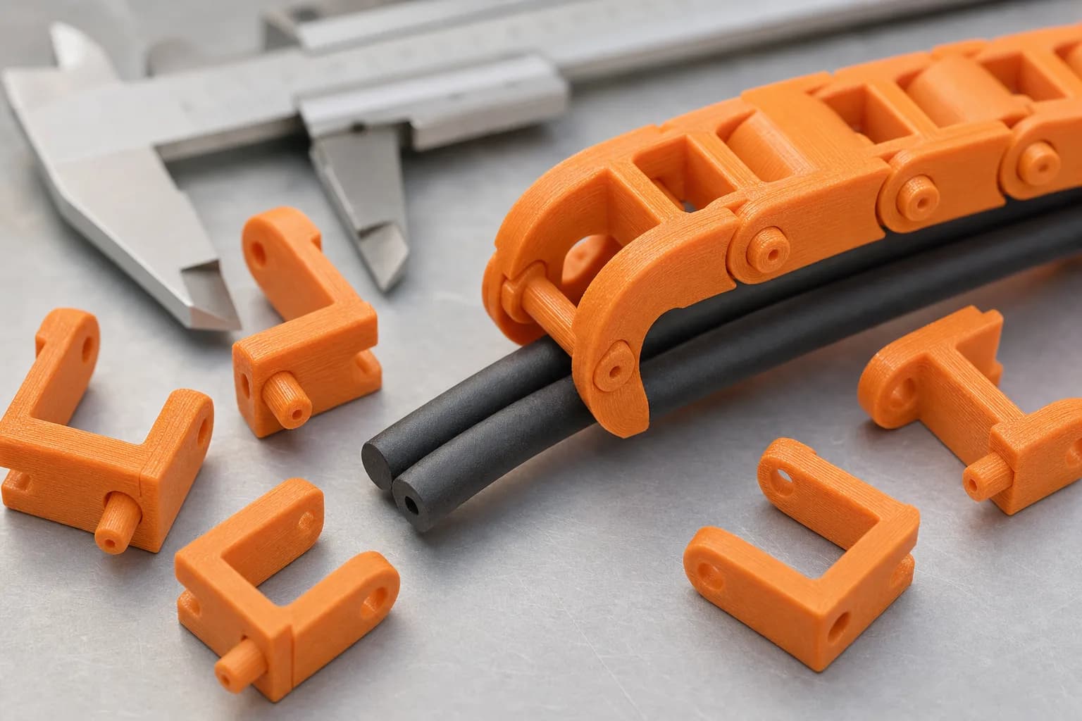 Close view of loose and assembled orange cable-carrier links
