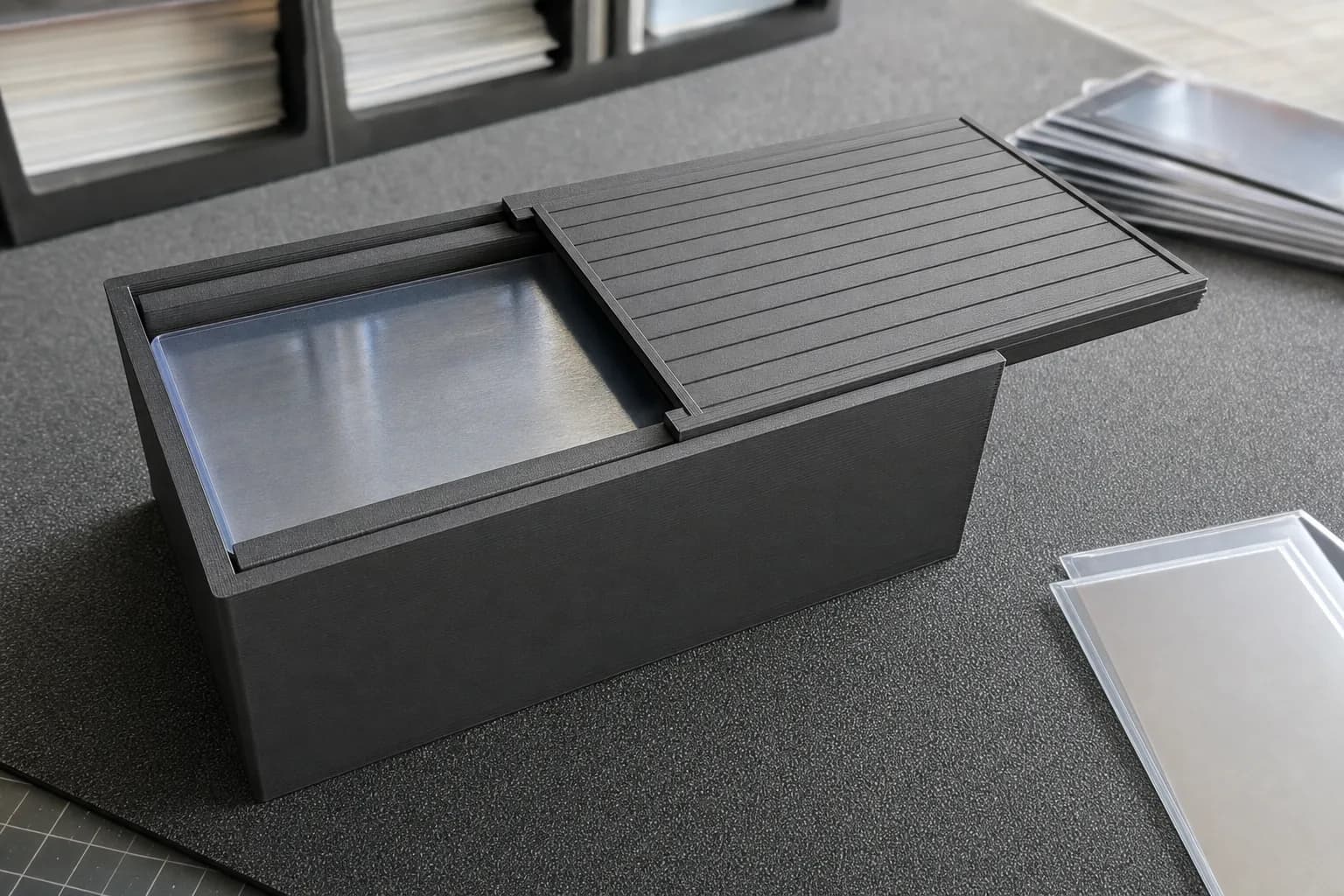Close view of the deck-box lid engaged in its side rails