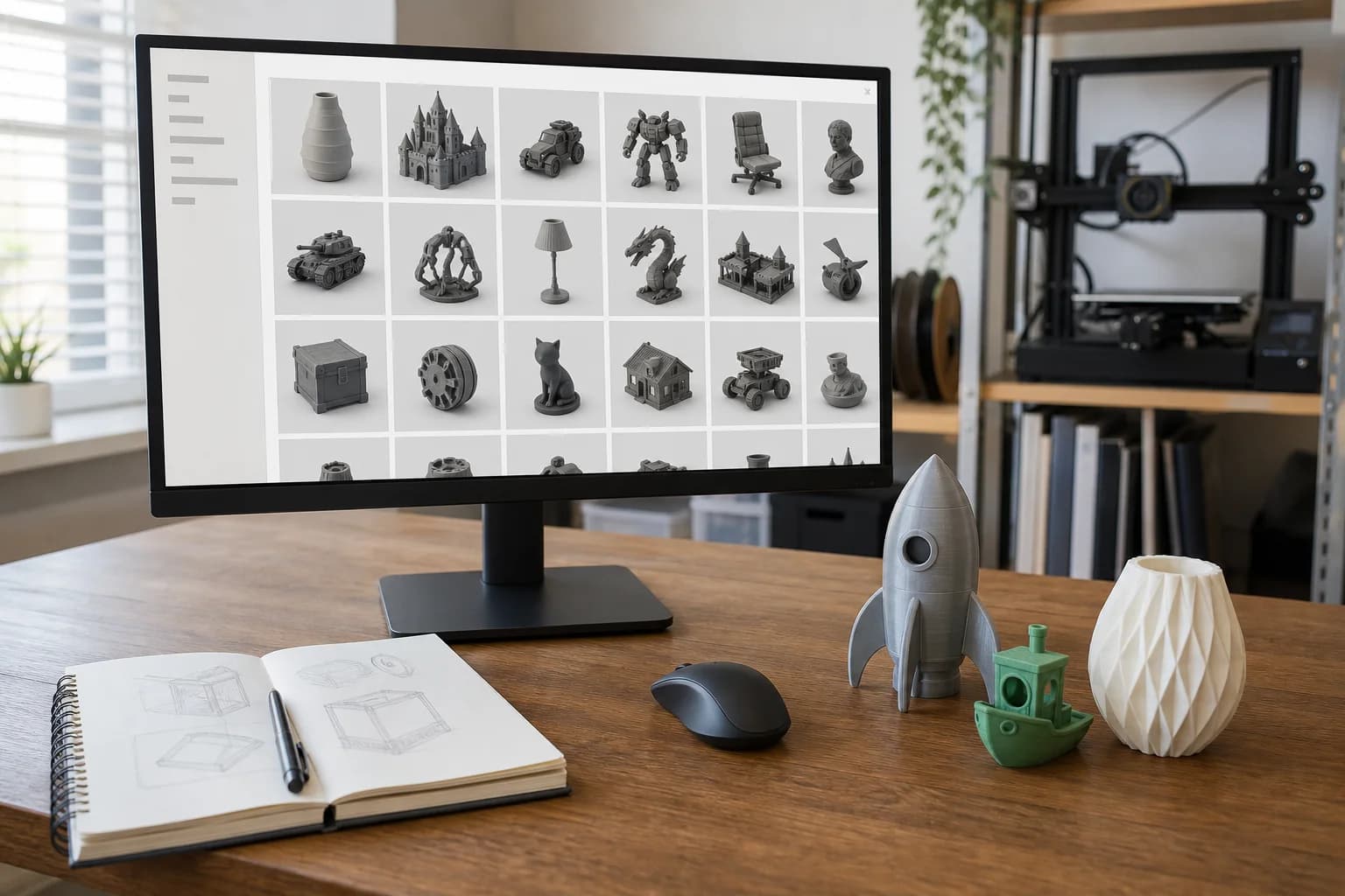 3D model library open beside several finished sample prints