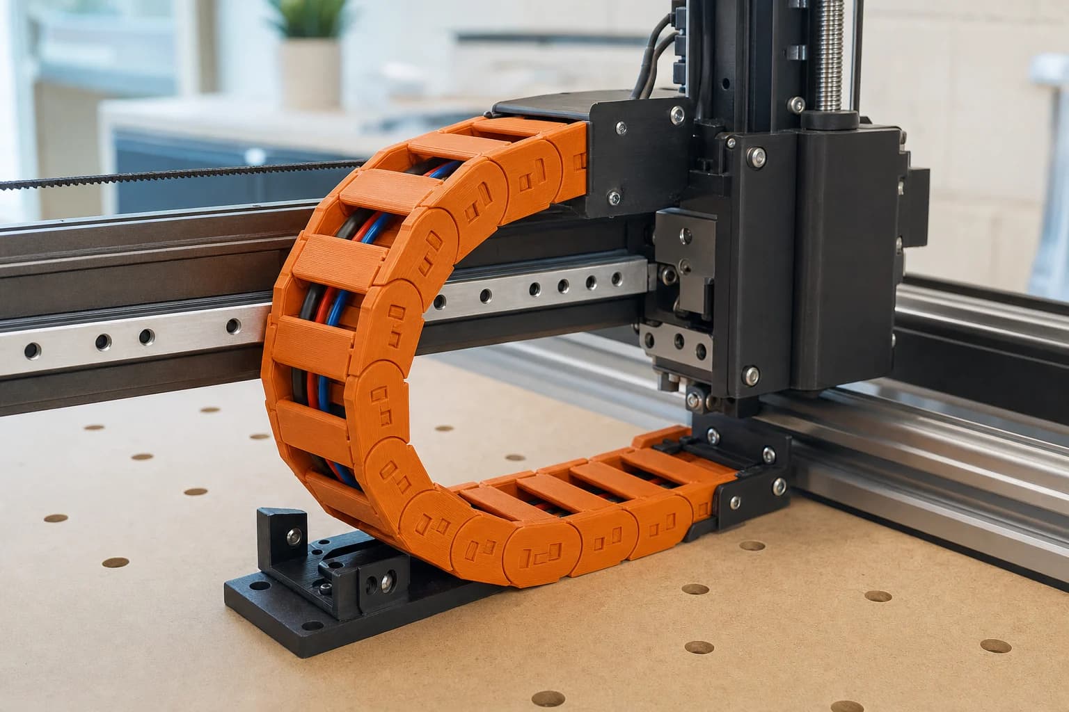 Orange cable carrier installed around wiring on a compact gantry