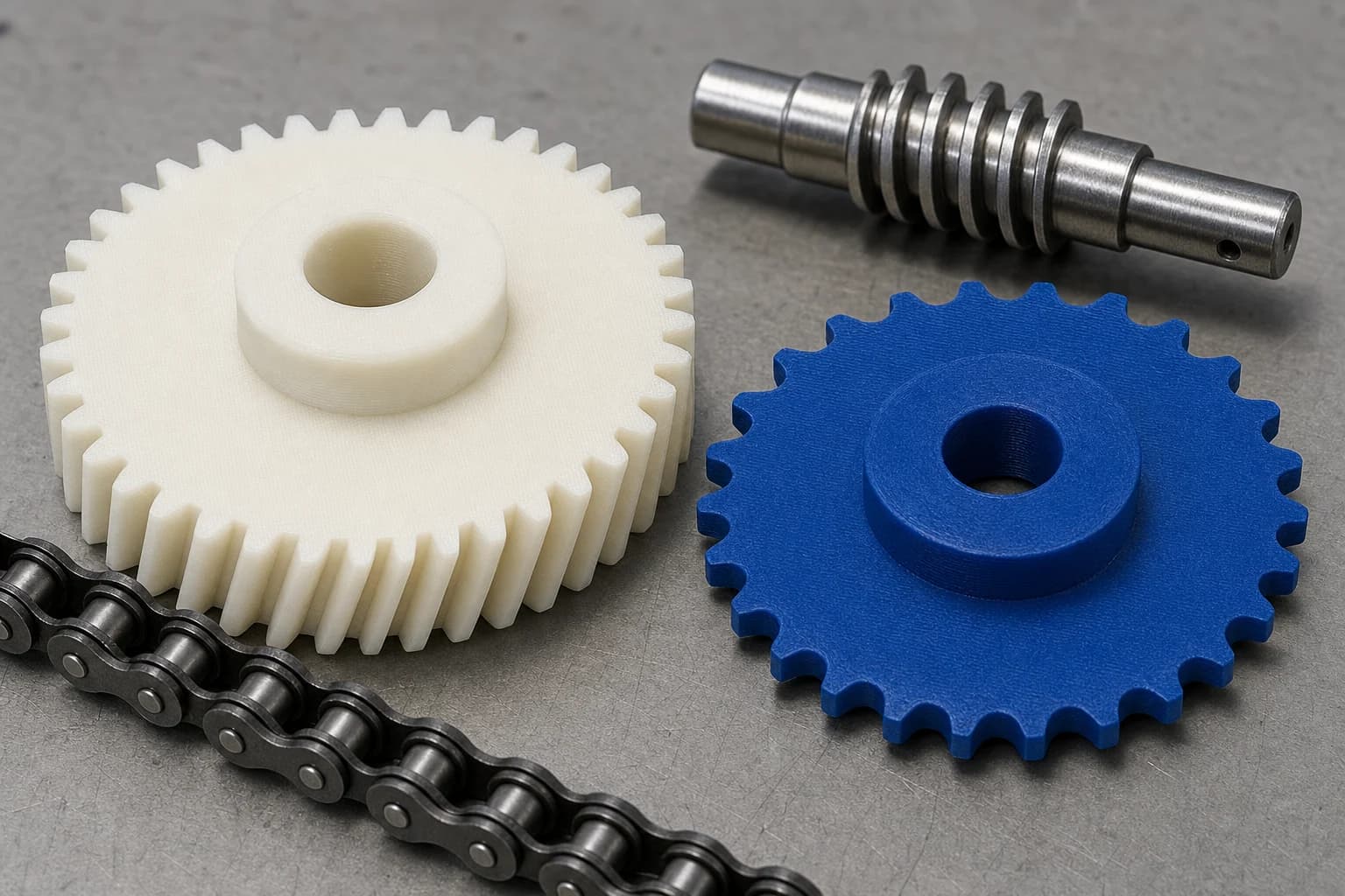 White and blue FDM-printed gear and sprocket parts beside a chain and worm shaft